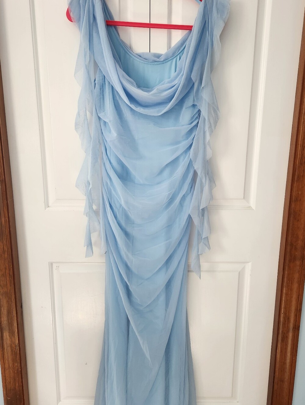 Cider Light Blue Semi Formal Dress Mesh Overlay Large Sleeveless Ruffle Detail